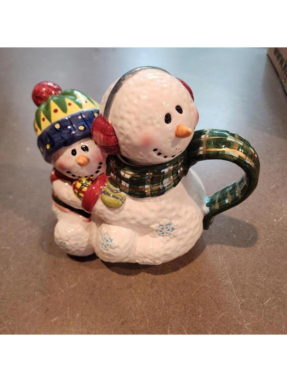 Fitz & Floyd Snowman Teapot Christmas Holiday Ceramic 7.75" Tall LKNW